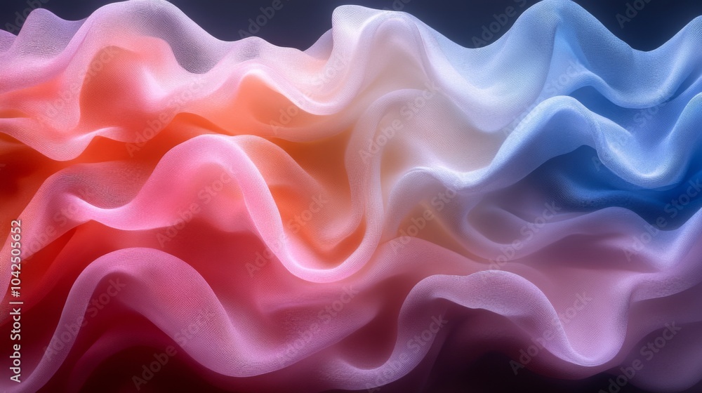 Poster soft, flowing fabric in shades of pink, orange, and blue creates a dynamic abstract pattern, highlig