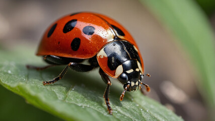 Fototapeta premium 4k close up macro ladybug in the green forest