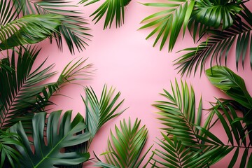 Green palm leaves on a pink background