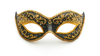 Gold and black mask with detailed embroidery, for a sophisticated night masquerade, isolated on white background