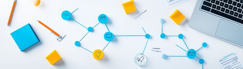 Creative workspace layout with colorful elements and connection nodes for enhanced productivity and organization