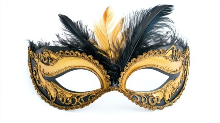 Gold and black masquerade mask with a bold feather accent, perfect for an extravagant night party, isolated on white background