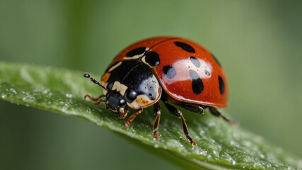 Fototapeta premium 4k close up macro ladybug in the green forest