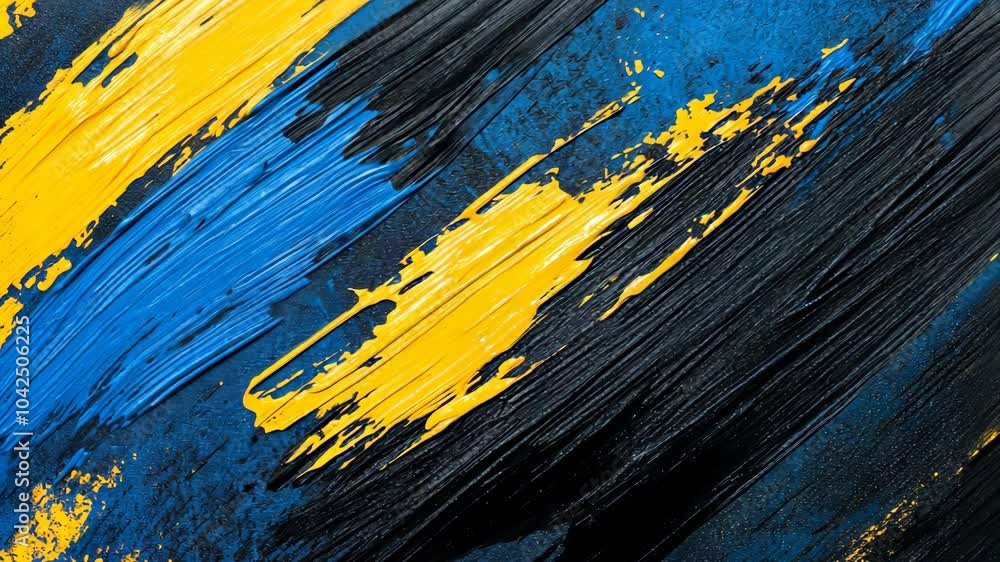 Poster a close-up of yellow and blue paint strokes on a black surface, creating a dynamic abstract design