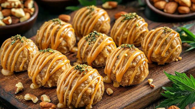 Caramel-drizzled truffle balls arranged on a wooden board with almonds and cannabis leaves