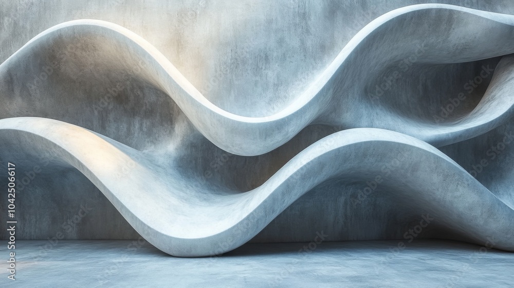Poster A unique concrete wall features flowing, wave-like curves that create a dynamic visual effect, enhancing the contemporary ambiance of the room.
