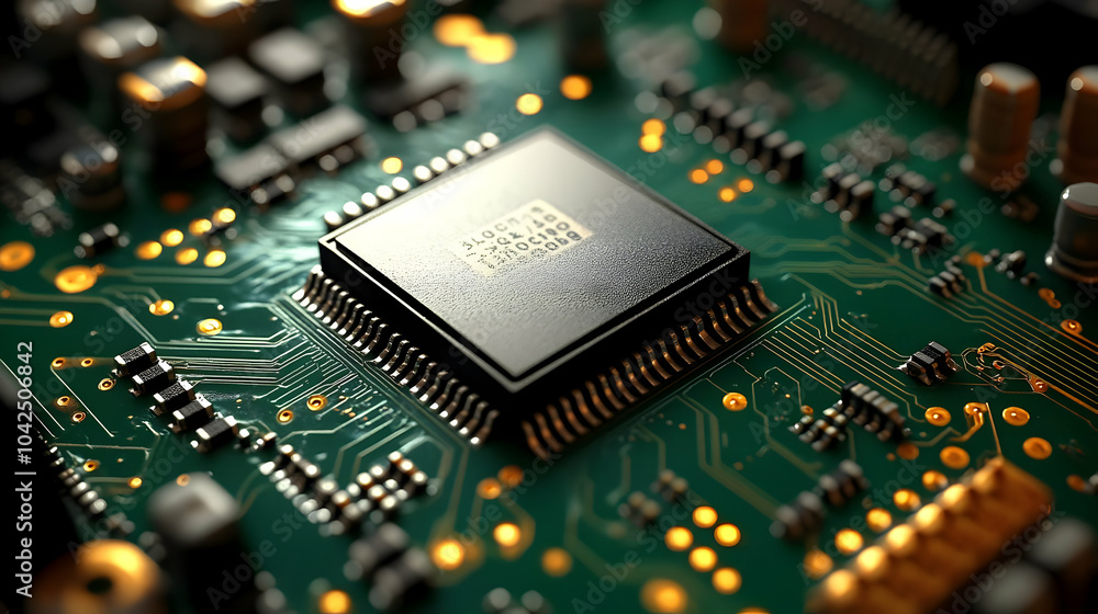 Aufkleber close-up of a microchip on a printed circuit board.