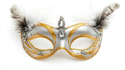 Gold and silver mask with rhinestones and feathers, for an extravagant night event, isolated on white background