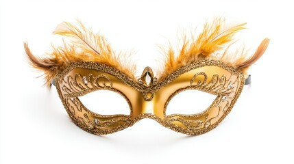 Fototapeta premium Gold Venetian mask with feathers, sparkling and ornate, for a masquerade ball, isolated on white background