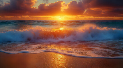 Fototapeta premium Serene sunset over ocean waves with golden reflections on sand.