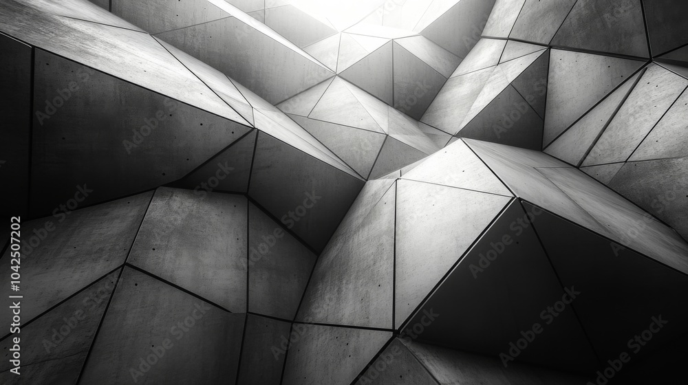 Poster The intricate design features sharp angles and geometric shapes in a modern architectural structure, illuminated by natural light. The interplay of shadows highlights the texture of concrete surfaces.