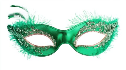 Green satin mask with a feather trim and glittering details, perfect for a lively night party, isolated on white background