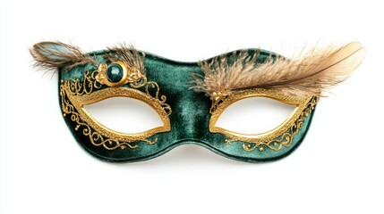 Fototapeta premium Green mask with gold accents and a large feather, ideal for a festive night party, isolated on white background