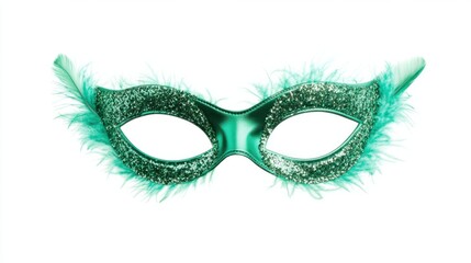 Green satin mask with a feather trim and glittering details, perfect for a lively night party, isolated on white background