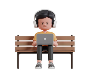 3D Illustration of a Man Wearing a Yellow T-Shirt Working with a Laptop sitting on a Park Bench While Enjoying Music