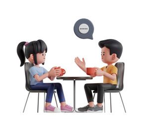 3D Render Two Cartoon Characters Sitting Relaxed Having Interesting Conversation While Drinking Coffee