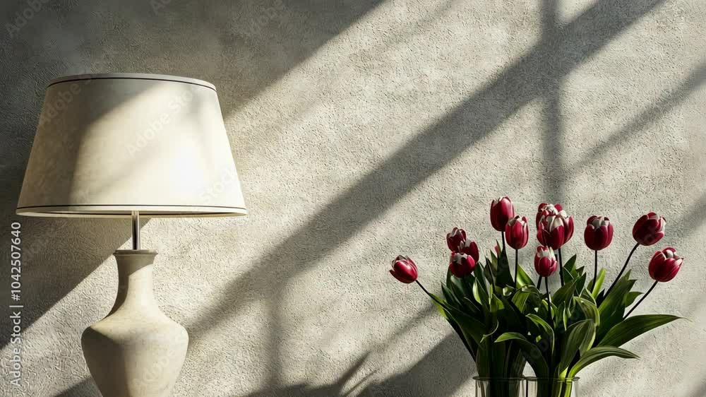 Poster a lamp sits on a table next to a vase of tulips, illuminated by sunlight streaming through a window