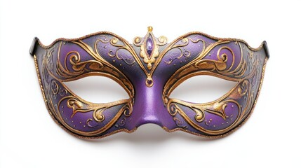 Purple and gold mask with intricate designs, ideal for a mysterious masquerade, isolated on white background