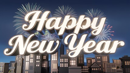 Happy New Year Greeting with Fireworks Over Cityscape