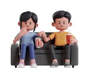 3D Rendering of Cute Cartoon Characters Watching Movies and Sitting on a Comfortable Sofa