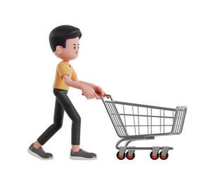 Rendering 3D Character Pushing Shopping Cart in a Minimalist Style