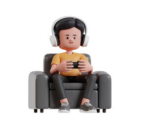 3D Character Rendering of Young Gamer Enjoying Video Games on a Comfortable Sofa