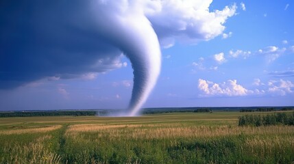 A powerful tornado touches down in a field, with a dark storm cloud overhead and a blue sky behind.