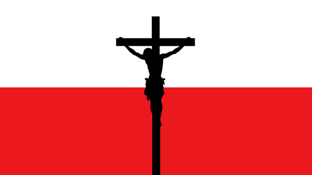 Silhouette of the Crucifixion of Jesus Christ on a Polish Flag