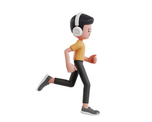 3D Character Man in yellow T-shirt Running while Enjoying Music with Headphones