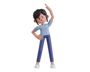 3D Cartoon Character Woman in a light blue t-shirt doing morning exercise