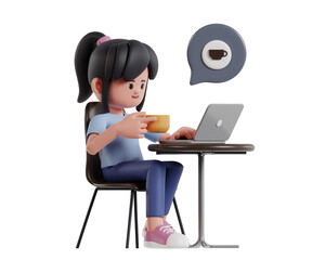 Cozy Cafe Vibes: Girl Enjoying Coffee while Working on Laptop