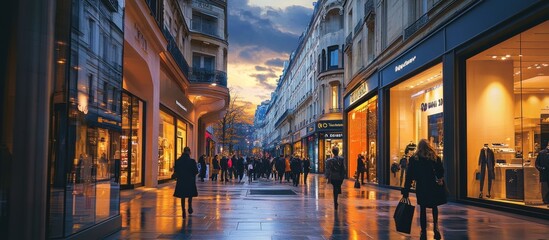 Fototapeta premium People walk down a bustling city street lined with stores and shops at dusk.