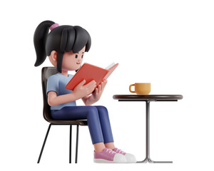 3D Illustration of a Girl Reading a Book While Enjoying Coffee in a Cafe