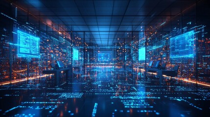 Obraz premium Exploring the futuristic digital landscape of high-tech data centers and cybernetic environments
