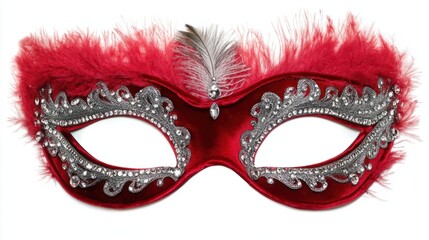 Red velvet mask with silver rhinestones and feathers, bold and glamorous for a masquerade, isolated on white background