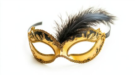 Satin mask with gold trim and a single large feather, adding a touch of drama, isolated on white background