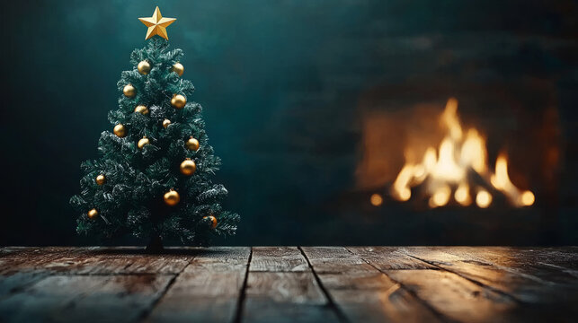 beautifully decorated Christmas tree stands in front of roaring fireplace, creating warm and festive atmosphere. golden ornaments and star on top add touch of elegance to scene