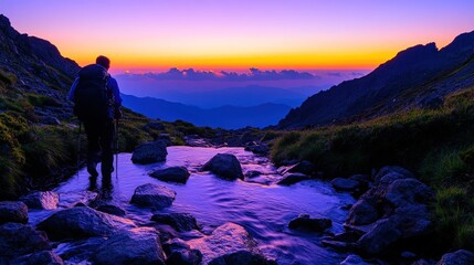 Fototapeta premium A hiker walks through a mountain stream at sunrise, enjoying the breathtaking view of the surrounding peaks.