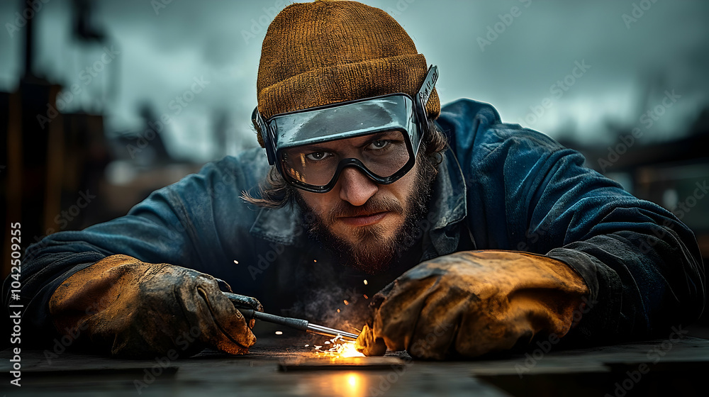 Poster A focused welder working on metal, sparks flying in an industrial setting.