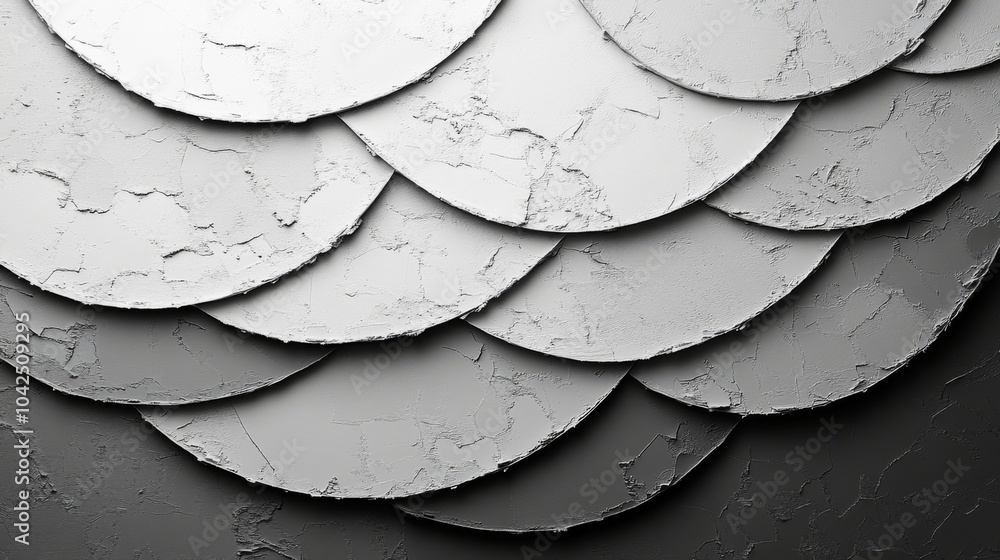 Poster The artwork features a series of layered gray scales applied to a wall, creating a striking visual effect through shadows and texture.