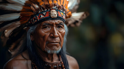 Obraz premium Portrait of a man in traditional attire with a feathered headdress.