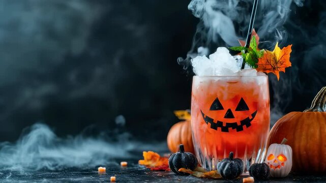 Spooky Autumn Party Festive Halloween Cocktail with Jack O Lantern Glass, Surrounded by Pumpkins and Eerie Decorations for Fun Drink Experience
