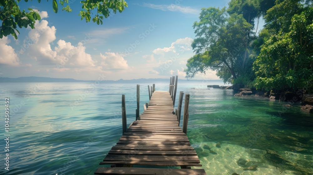 Poster Wooden Pier Leading to Tranquil Lagoon