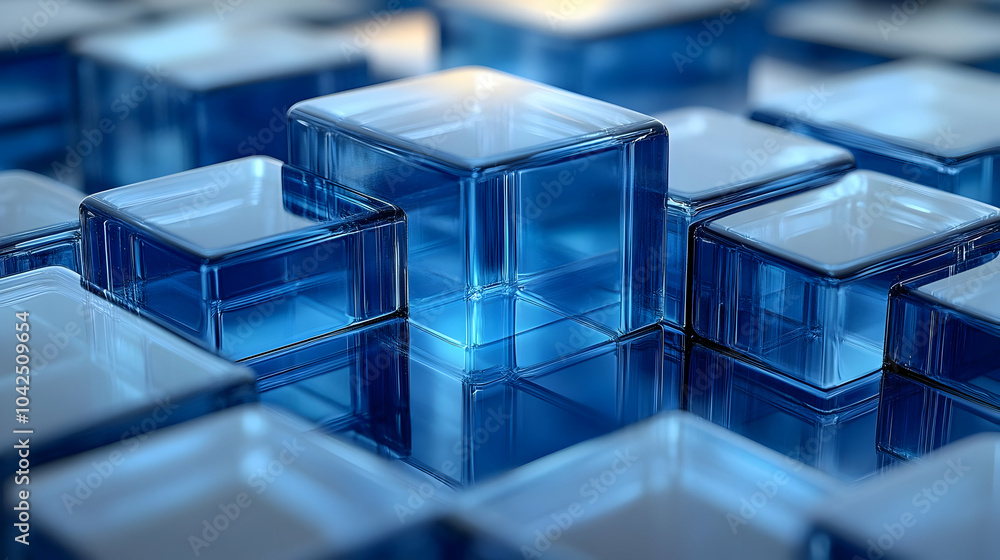 Poster abstract arrangement of translucent blue blocks creating a 3d effect.