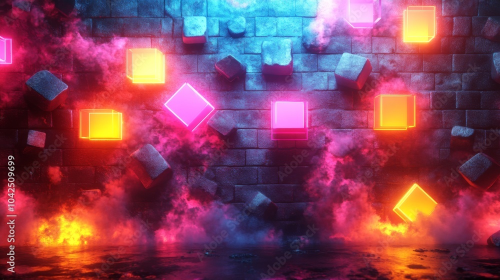 Leinwandbilder Bright neon cubes float against a textured wall surrounded by colorful smoke and flames, creating a vibrant digital display that captivates the viewer.