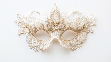 White and gold lace mask with a delicate floral pattern, soft and feminine for a night event, isolated on white background