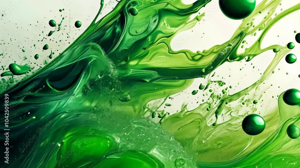 Poster green paint splatters across a white background, creating a dynamic and abstract design