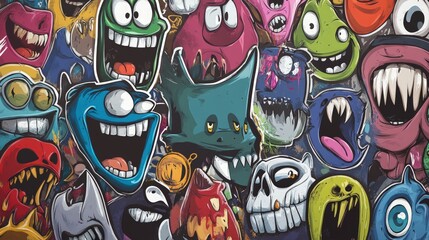 A colorful and chaotic collection of cartoon monster faces, each with a unique expression and design.