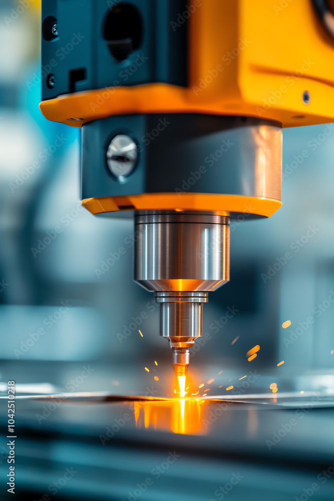Poster precision engineering high-tech laser cutting machine in action showcasing sparks and detail in indu