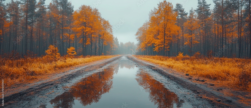 Poster A Misty Autumn Forest Path With Reflection in a Puddle